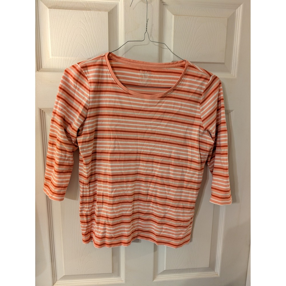 LL Bean Womens Supima Cotton Striped 3/4 Sleeve Tee Coral Orange White S Regular